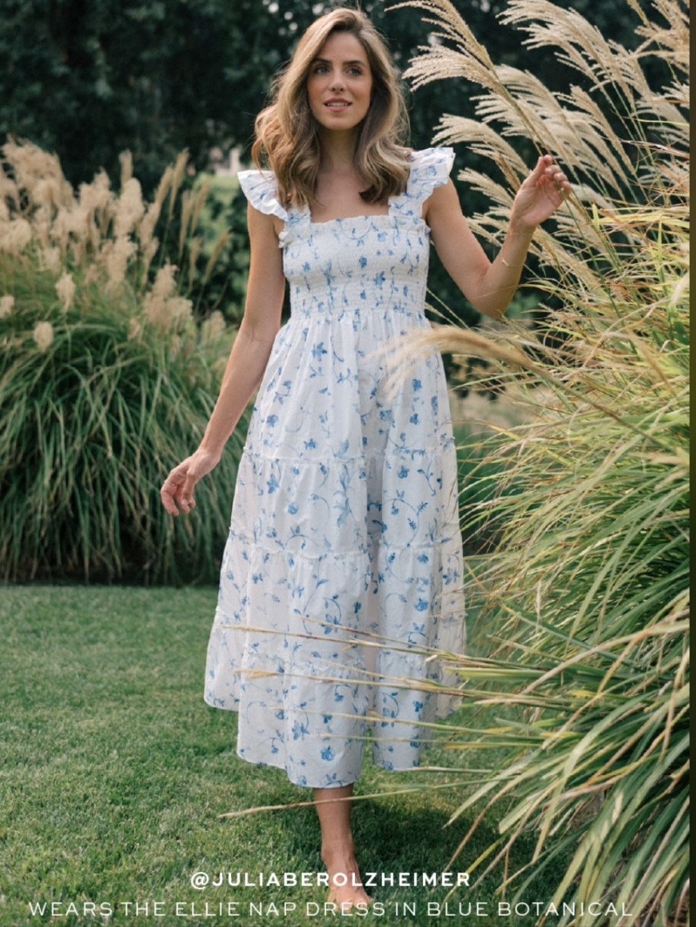 Hill House The Ellie Nap Smocked Tiered Midi Dress In Blue Botanical - Picture 2 of 10